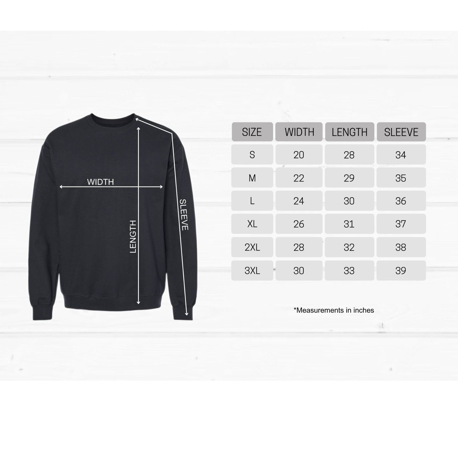 a black sweatshirt with measurements for the size of it