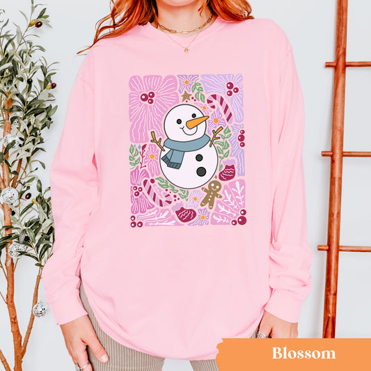 Floral Snowman Pink Long Sleeve