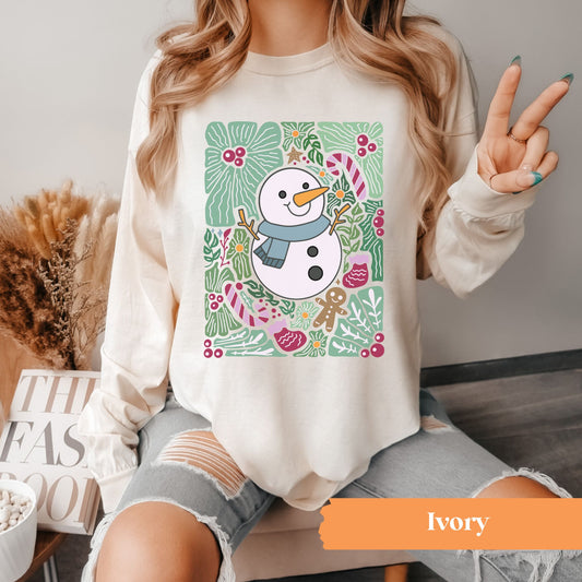 Floral Snowman Green Long Sleeve